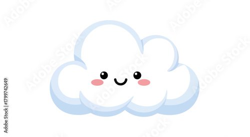 Playful fluffy cloud character with adorable expression floating in minimalist design on white