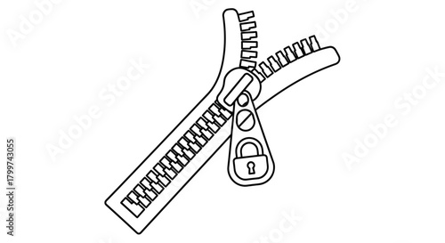 Simplified illustration of an open zipper with a lock symbol for security concept