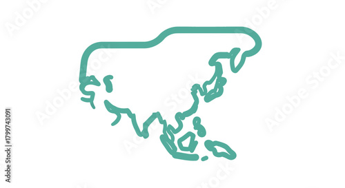 Simplified teal outline of the continent of Asia against a stark white background