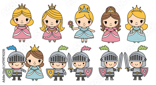 Illustrative collection of Kawaii style medieval characters, princesses, knights, with shields and