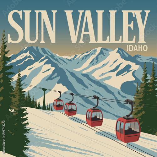 Retro Travel Poster – Sun Valley Idaho Ski Resort Landscape, Vintage Mountain Illustration, Winter Vacation Artwork, Snowy Peaks, Skiing Destination, Alpine Scenery Vector, Travel and Tourism Poster