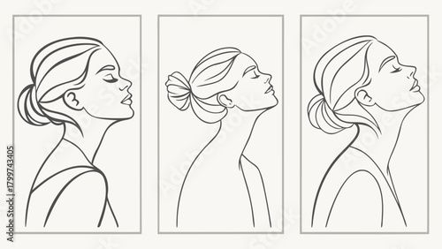 Continuous Line Art Female Triptych, Minimalist Profile Portraits