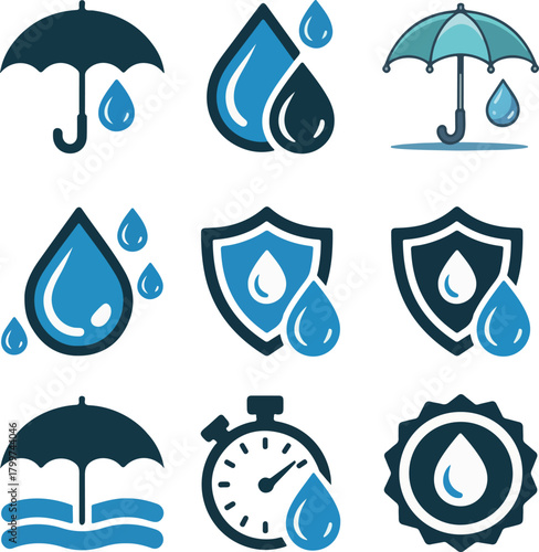 collection of flat design icons representing waterproof and water-resistant concepts, including umbrellas, water drops, shields, and a stopwatch.