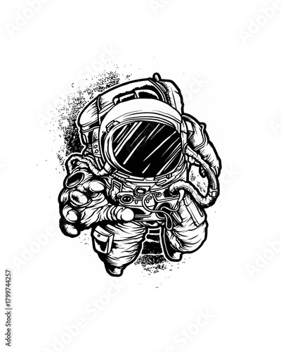 Gritty black and white illustration of an astronaut in a space suit with abstract ink splatters and grunge texture.
