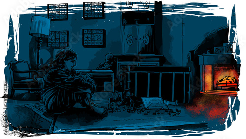 Cozy room with a woman sitting by the fireplace.