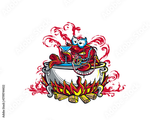 Cartoon lobster in sunglasses and pearls enjoying a martini in a boiling pot over a fire, with red splatters.