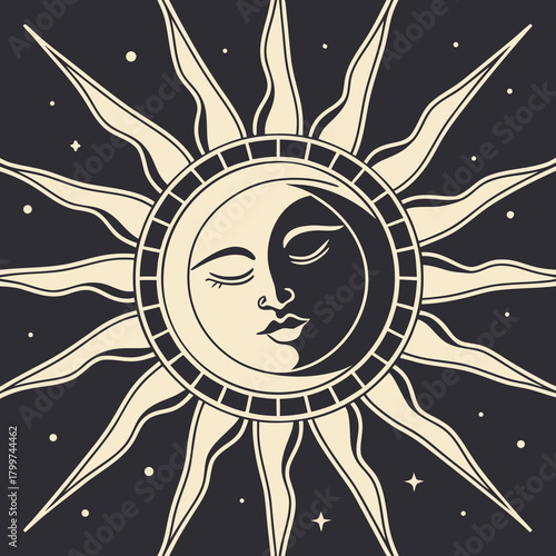 Celestial sun and moon face with radiating sunbeams and stars