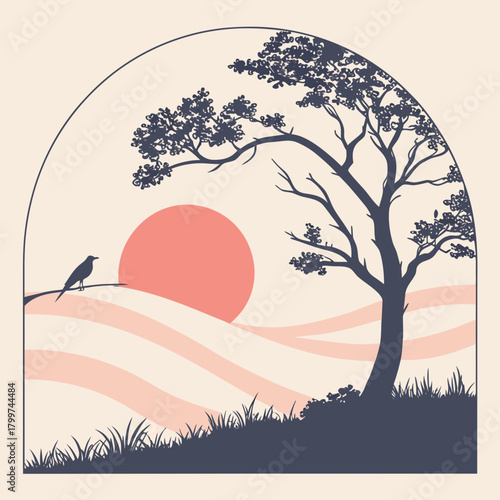 Serene landscape with a bird on a branch at sunrise or sunset