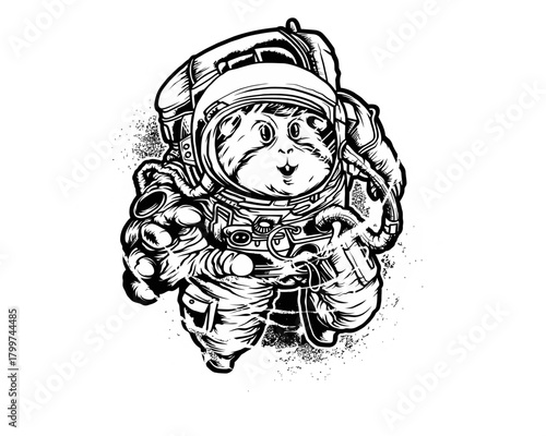 Illustration of a hamster wearing an astronaut suit in black and white.