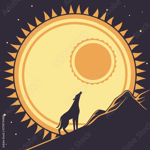 Silhouette of a wolf howling at a stylized sun and moon over mountains