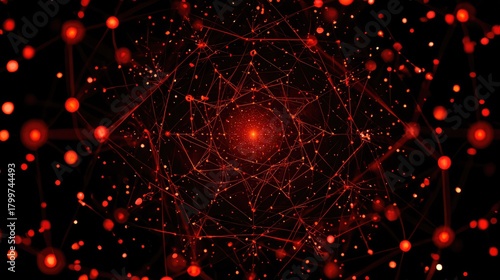 Fototapeta Naklejka Na Ścianę i Meble -  Red abstract network forming a tunnel with glowing particles