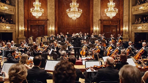 A symphony orchestra performing a classical music concert in a grand hall. A conductor directs musicians on stage in front of an audience. Live arts and culture event