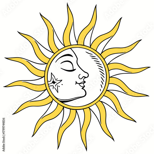 Stylized sun and moon face with star emblem