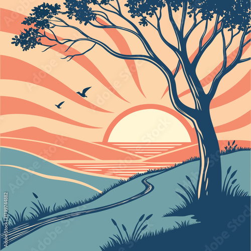 Serene landscape with a winding path and a majestic tree at sunrise