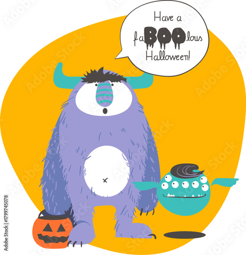Cartoon monsters with a pumpkin wishing a fabulous Halloween on a yellow background.