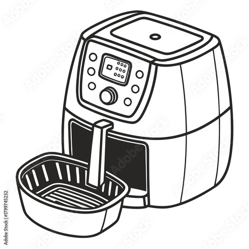 Black and white line drawing of an air fryer with its basket pulled out
