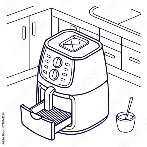 Line art illustration of an air fryer on a kitchen counter with a small bowl and spoon