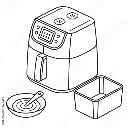 Line art illustration of an air fryer with basket and tray