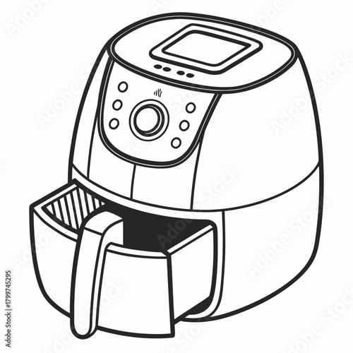 Line art illustration of a modern air fryer with its basket pulled out
