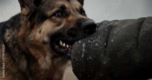 German Shepherd's powerful bite on protection sleeve. Dog, sport, control.