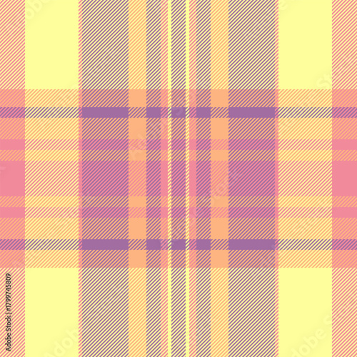 70s plaid tartan vector, luxury fabric pattern texture. Greeting card seamless textile check background in yellow and magenta colors.