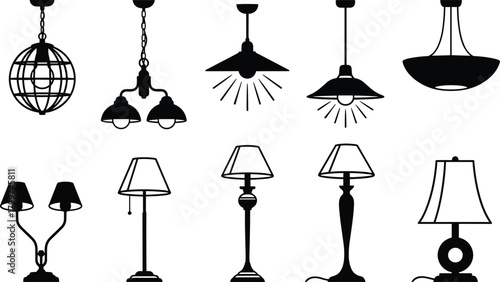 Set of modern pendant and table lamp silhouette icons, decorative home lighting vector elements, minimalist black design artwork for CAD drawing, contemporary interior decor illustration collection