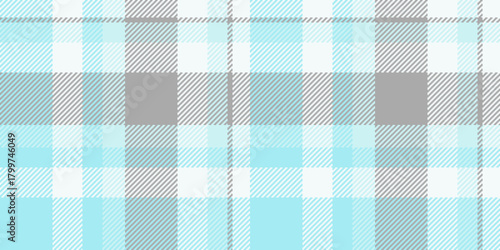 Cell tartan background vector, slim textile fabric texture. Size plaid seamless check pattern in white and cyan colors.