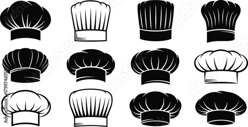 Set of professional chef hats, baker and cook cap silhouette vector icons, black flat illustration, kitchen uniform collection for restaurant design, CAD drawing, culinary branding concept