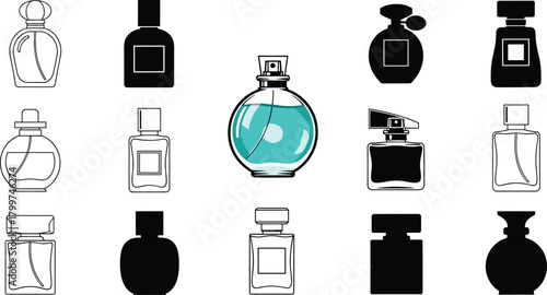 Set of various perfume bottle silhouette vector icons, cosmetic fragrance container, luxury scent packaging illustration, black flat design for beauty, fashion branding, CAD drawing collection