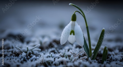 Close-up of a snowdrop flower blooming in early spring with frost on the ground and a blurred background