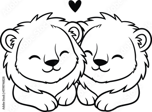 Cute cartoon lions in love with a heart above them