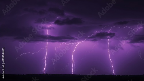 Dramatic purple lightning illuminating a stormy night sky, capturing raw natural energy.