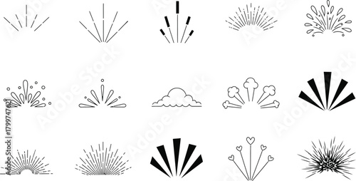 Collection of hand drawn abstract botanical elements and decorative floral motifs in black and white line art style