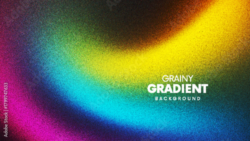 Vibrant rainbow grainy gradient flowing in curved luminous arc created from thousands of individual dots. Soft grainy rainbow gradient with curved wave of bright colors for digital ads graphic design