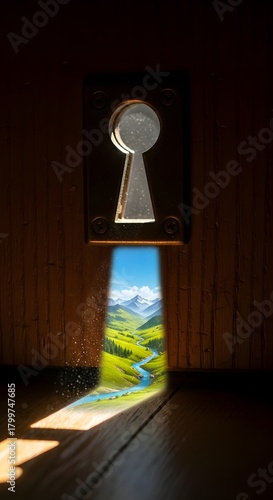 A scenic landscape painting is illuminated by sunlight streaming through a keyhole-shaped opening, creating a captivating visual effect on a wooden surface