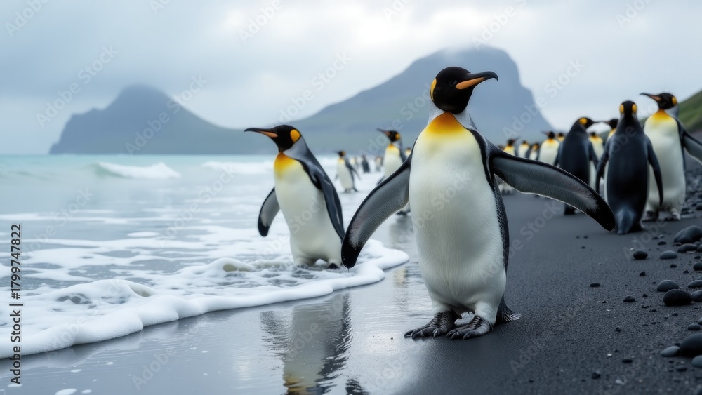 Fototapeta premium Group of penguins walking along the beach