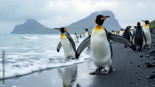 Group of penguins walking along the beach