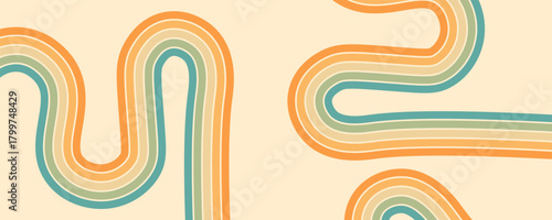 Abstract background of rainbow groovy Wavy Lines design in 1970s Hippie Retro style. Vector pattern ready to use for cloth, textile, wrap and other.