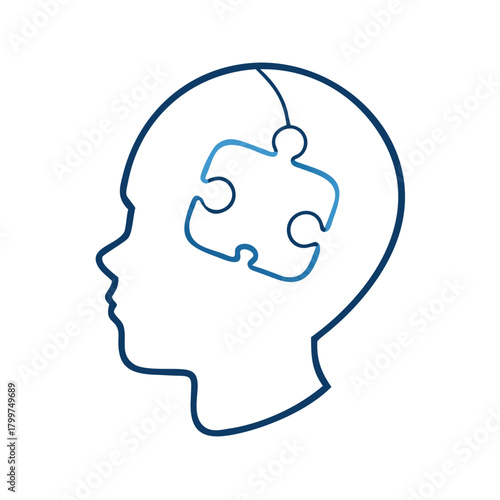 Minimal linear icon of a puzzle in a child's head representing cognitive development
