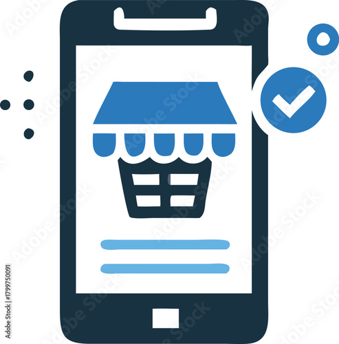 Store icon displayed on smartphone screen with a checkmark denotes successful online purchase