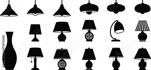 Collection of contemporary lamp and vase silhouette icons, modern home lighting design vector elements, black flat decorative artwork for CAD drawing, minimalist interior decor, stylish arrangement