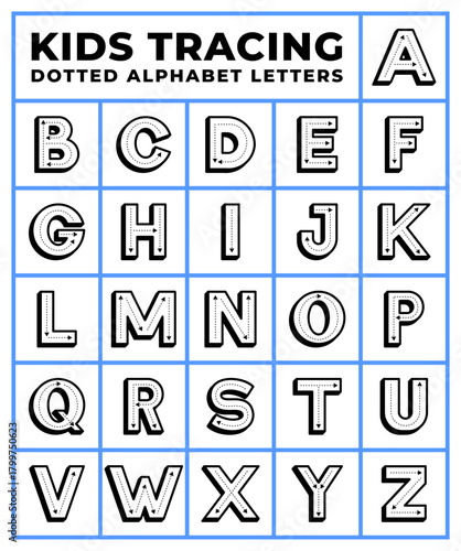 Outline Dotted Alphabet for Kids. Learning Letters, Tracing Worksheets, Educational Font.