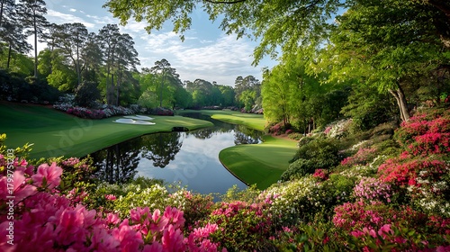 High quality image of beautiful landscape of a golf course with flowers and trees in augusta.