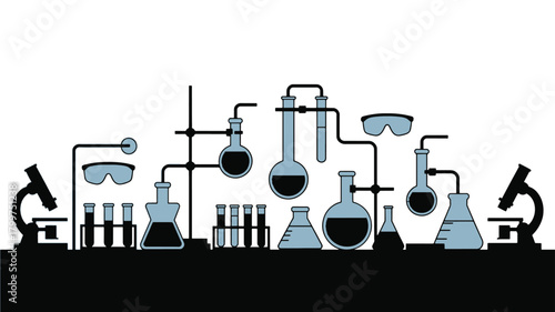 Chemistry laboratory setup with various flasks, beakers, test tubes