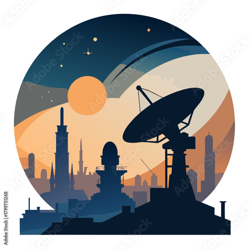 Futuristic cityscape with satellite dish silhouette isolated on white background