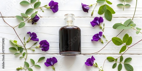Dark liquid in glass bottle surrounded by purple butterfly pea flowers