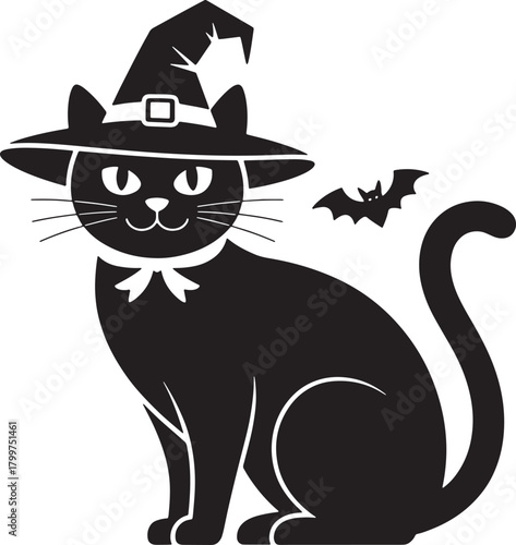 Black cat wearing witch hat with flying bat for halloween design