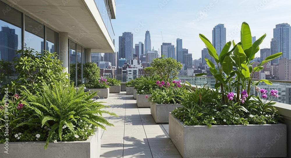 Fototapeta premium Lush rooftop garden with vibrant plants and a stunning city skyline view creating a serene urban