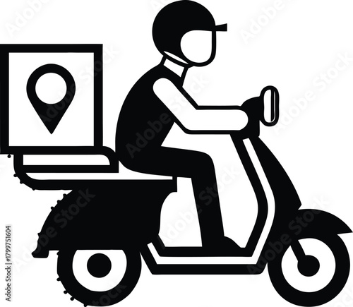 Silhouette shows helmeted courier riding scooter with navigation pin symbol on transport box