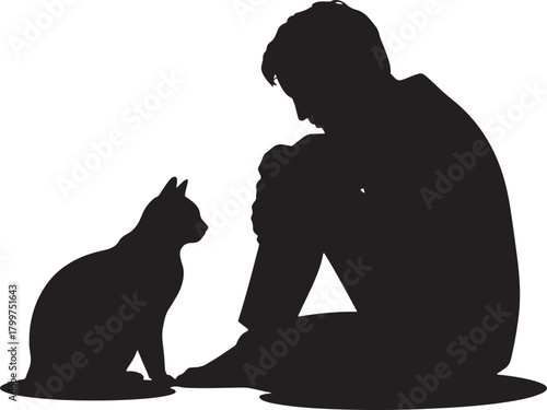 Silhouette of a person and cat sharing a quiet, comforting moment